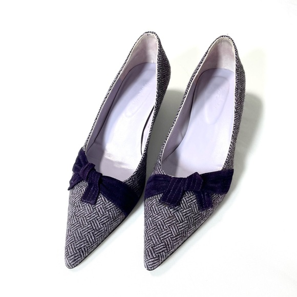 Boden Purple Plaid Tweed Kitten Heel Velvet Bow Pointed Heels 40 9usa - Picture 2 of 13